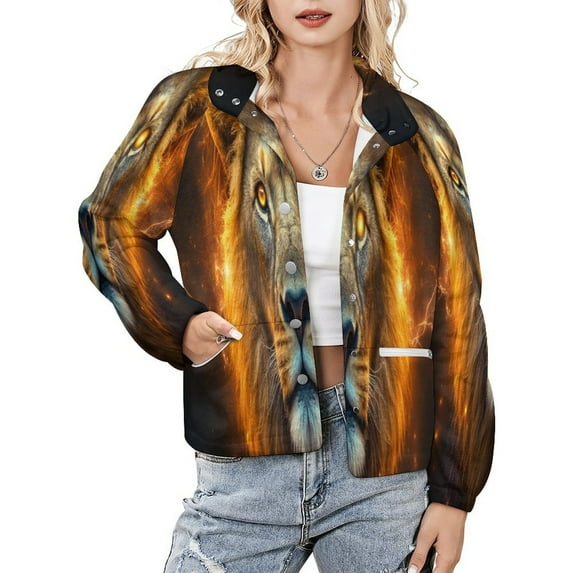 Jackets for Women Winter Coat Jackets Flannel Stand Collar Jacket(Fiery Lion Portrait,Size:S-4XL)