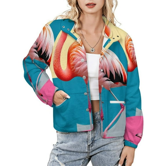 Jackets for Women Winter Coat Jackets Flannel Stand Collar Jacket(Flamingo Pop Art Print,Size:S-4XL)