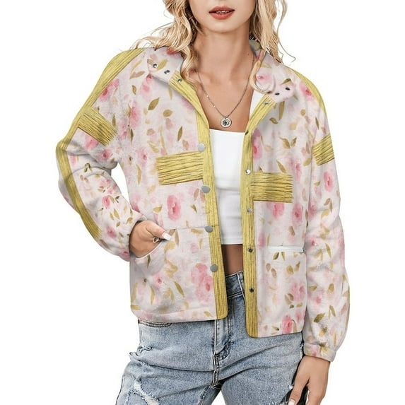 Jackets for Women Winter Coat Jackets Flannel Stand Collar Jacket(Gold Cross on Pink Floral Pattern,Size:S-4XL)