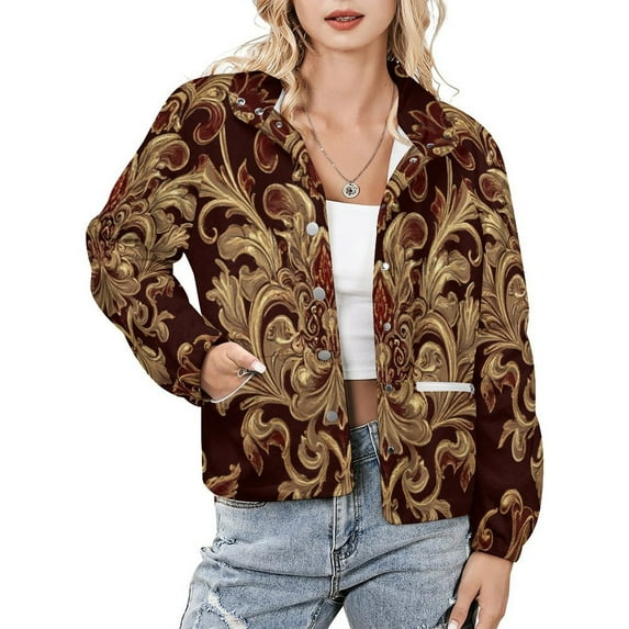 Jackets for Women Winter Coat Jackets Flannel Stand Collar Jacket(Gold Damask Opulent Wallpaper Design,Size:S-4XL)