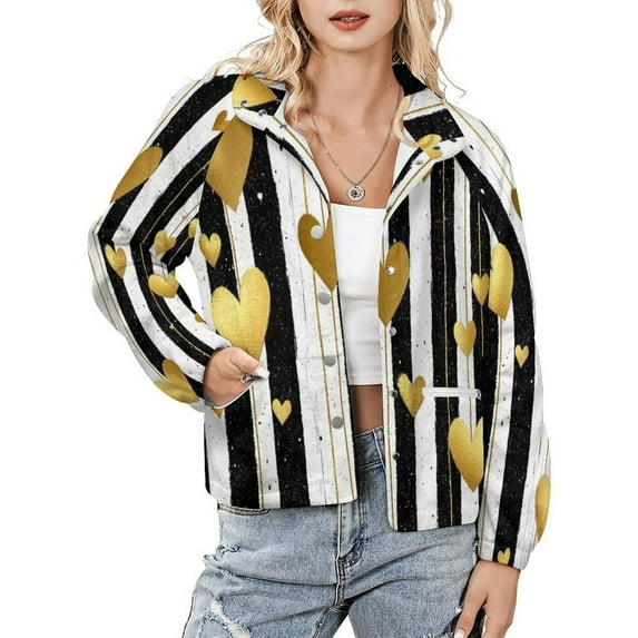 Jackets for Women Winter Coat Jackets Flannel Stand Collar Jacket(Gold Hearts on Black And White Stripes,Size:S-4XL)