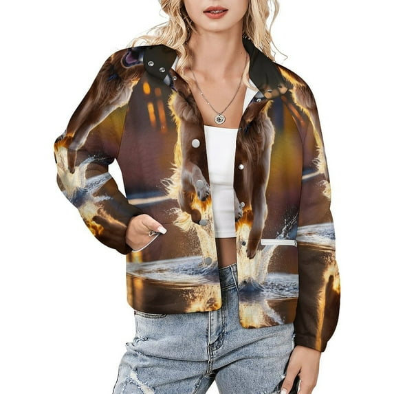 Jackets for Women Winter Coat Jackets Flannel Stand Collar Jacket(Golden Dog Splash Reflection,Size:S-4XL)