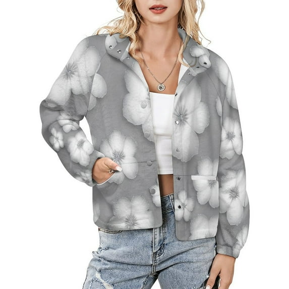 Jackets for Women Winter Coat Jackets Flannel Stand Collar Jacket(Gray Floral Pattern Print,Size:S-4XL)