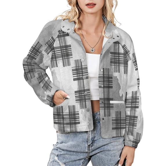 Jackets for Women Winter Coat Jackets Flannel Stand Collar Jacket(Gray Watercolor Plaid Pattern Background,Size:S-4XL)