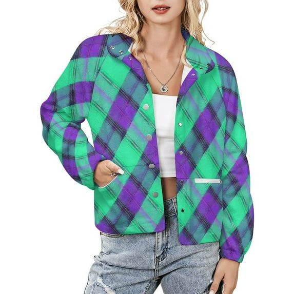 Jackets for Women Winter Coat Jackets Flannel Stand Collar Jacket(Green And Purple Plaid Pattern,Size:S-4XL)