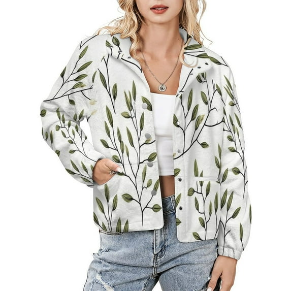 Jackets for Women Winter Coat Jackets Flannel Stand Collar Jacket(Green Leaves Seamless Pattern,Size:S-4XL)