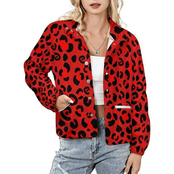 Jackets for Women Winter Coat Jackets Flannel Stand Collar Jacket(Leopard Animal Print Red,Size:S-4XL)