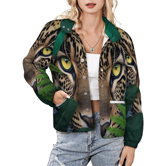Jackets for Women Winter Coat Jackets Flannel Stand Collar Jacket(Leopard Hidden Jungle Foliage Eyes,Size:S-4XL)