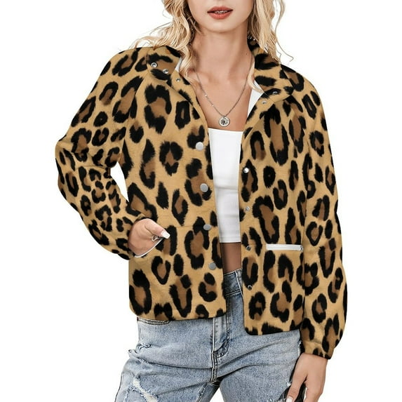 Jackets for Women Winter Coat Jackets Flannel Stand Collar Jacket(Leopard Print Seamless Pattern,Size:S-4XL)