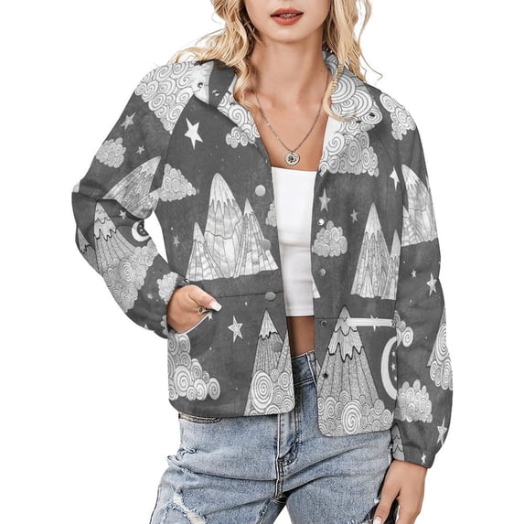 Jackets for Women Winter Coat Jackets Flannel Stand Collar Jacket(Mountain Moon Night Sky Print,Size:S-4XL)