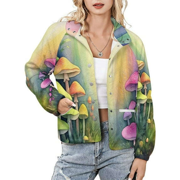 Jackets for Women Winter Coat Jackets Flannel Stand Collar Jacket(Mushroom Forest Fantasy,Size:S-4XL)