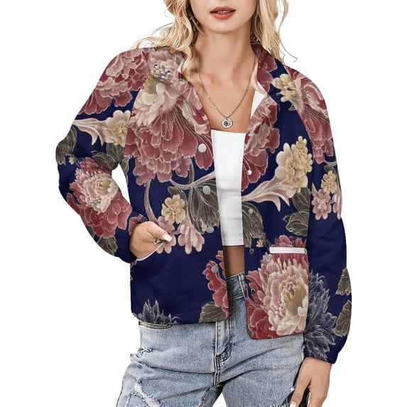 Jackets for Women Winter Coat Jackets Flannel Stand Collar Jacket(Navy Floral Peony Textile Design,Size:S-4XL)