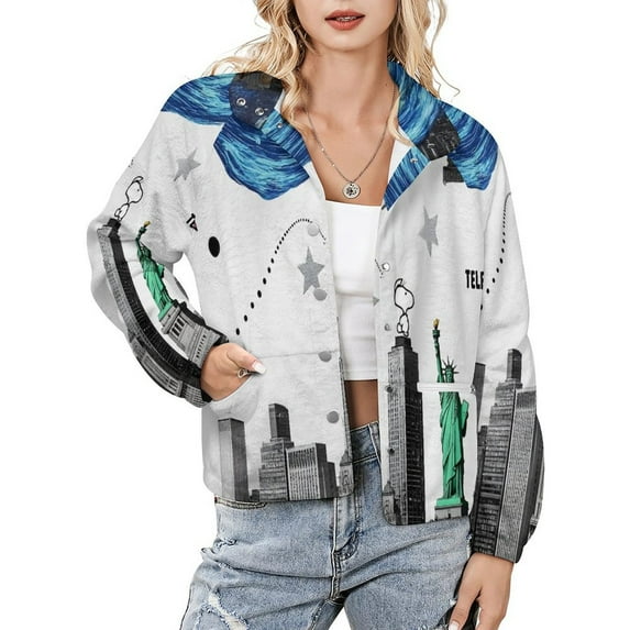 Jackets for Women Winter Coat Jackets Flannel Stand Collar Jacket(New York City Skyline with Stars,Size:S-4XL)