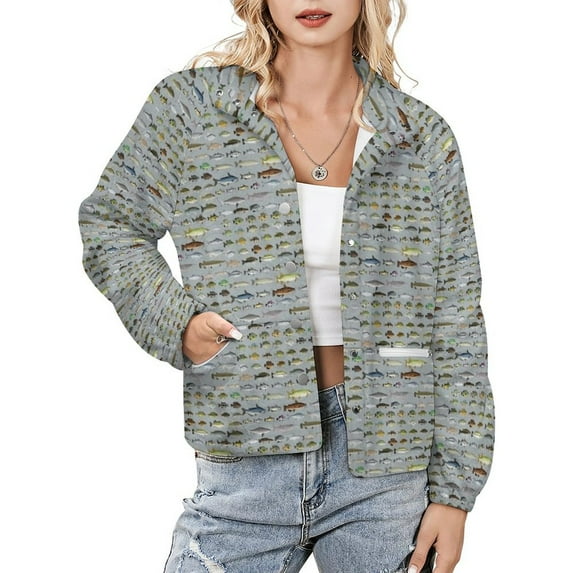 Jackets for Women Winter Coat Jackets Flannel Stand Collar Jacket(North America Freshwater Fish Group,Size:S-4XL)