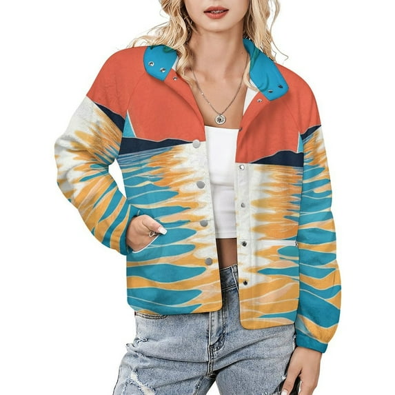 Jackets for Women Winter Coat Jackets Flannel Stand Collar Jacket(Ocean Sunset Glow,Size:S-4XL)