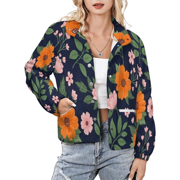 Jackets for Women Winter Coat Jackets Flannel Stand Collar Jacket(Orange Pink Floral Pattern,Size:S-4XL)