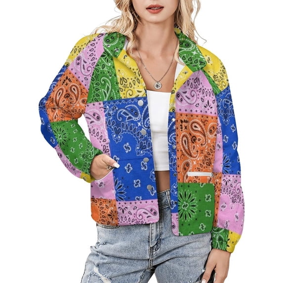 Jackets for Women Winter Coat Jackets Flannel Stand Collar Jacket(Paisley Bandana T- Blue-,Size:S-4XL)