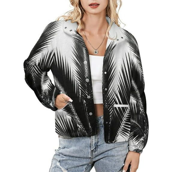 Jackets for Women Winter Coat Jackets Flannel Stand Collar Jacket(Palm Leaf Silhouette Art,Size:S-4XL)