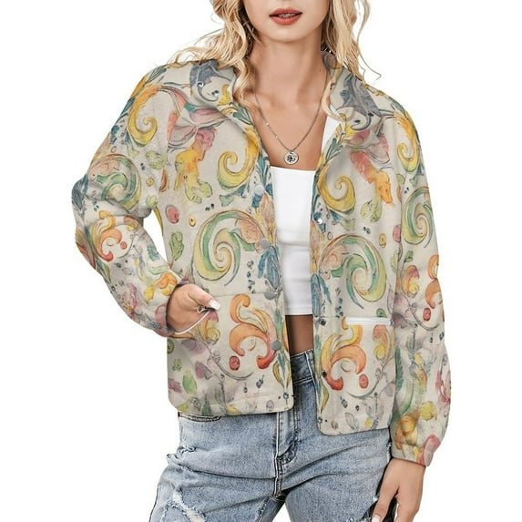 Jackets for Women Winter Coat Jackets Flannel Stand Collar Jacket(Pastel Floral Baroque Design,Size:S-4XL)