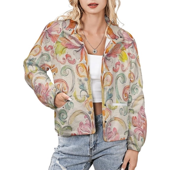 Jackets for Women Winter Coat Jackets Flannel Stand Collar Jacket(Pastel Floral Damask Pattern,Size:S-4XL)