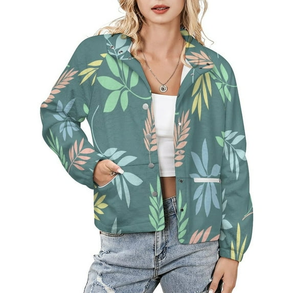 Jackets for Women Winter Coat Jackets Flannel Stand Collar Jacket(Pastel Leaves Pattern Background,Size:S-4XL)