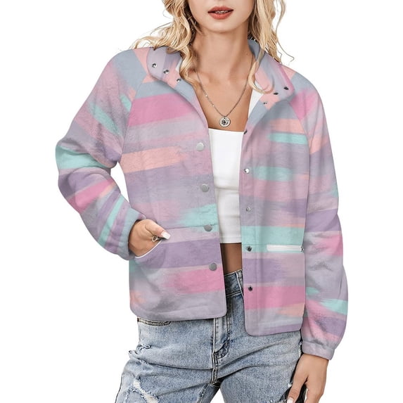 Jackets for Women Winter Coat Jackets Flannel Stand Collar Jacket(Pastel Stripes Painted Abstract Background,Size:S-4XL)