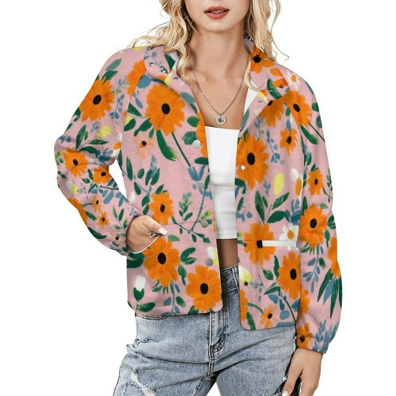Jackets for Women Winter Coat Jackets Flannel Stand Collar Jacket(Pink Background Orange Floral Pattern,Size:S-4XL)