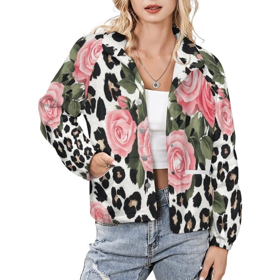 Jackets for Women Winter Coat Jackets Flannel Stand Collar Jacket(Pink Roses Leopard Print Fabric,Size:S-4XL)