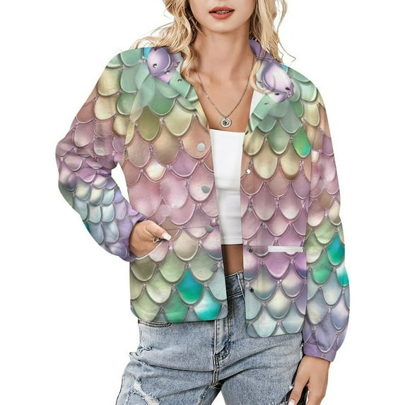Jackets for Women Winter Coat Jackets Flannel Stand Collar Jacket(Rainbow Mermaid Scales,Size:S-4XL)