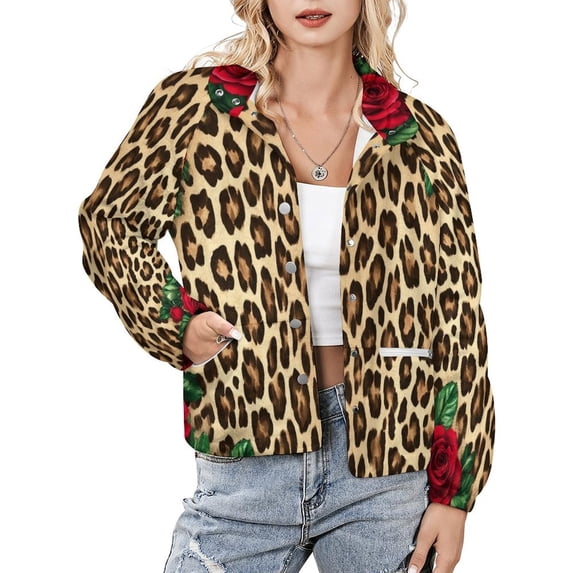 Jackets for Women Winter Coat Jackets Flannel Stand Collar Jacket(Roses Frame Leopard Print,Size:S-4XL)