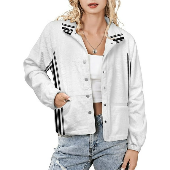 Jackets for Women Winter Coat Jackets Flannel Stand Collar Jacket(Simple Black And White Stripes,Size:S-4XL)