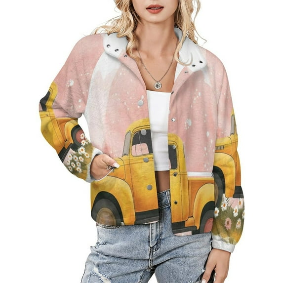 Jackets for Women Winter Coat Jackets Flannel Stand Collar Jacket(Spring Flower Truck Can ,Size:S-4XL)