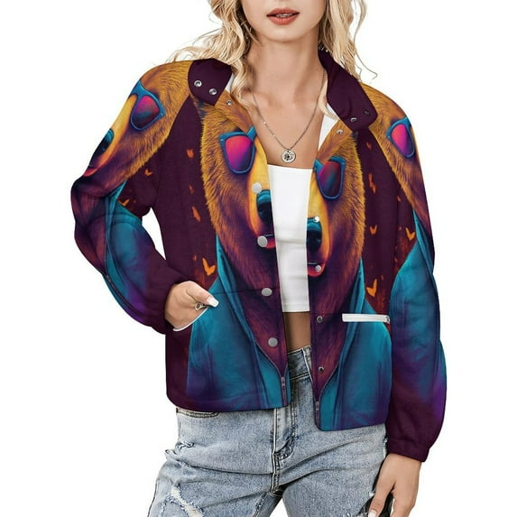Jackets for Women Winter Coat Jackets Flannel Stand Collar Jacket(Stylish Bear in Sunglasses,Size:S-4XL)