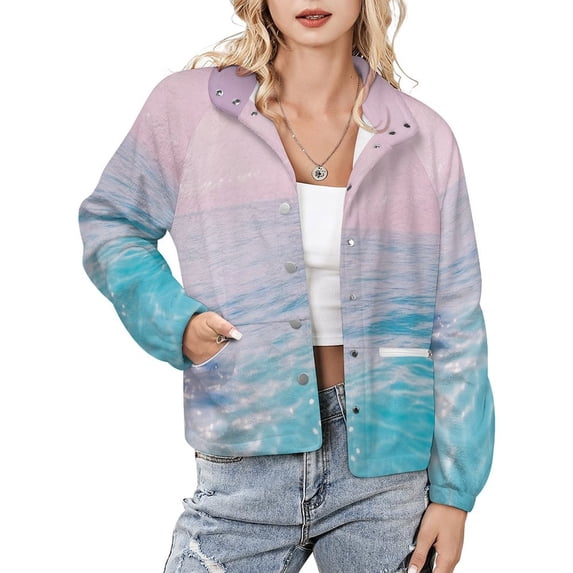 Jackets for Women Winter Coat Jackets Flannel Stand Collar Jacket(Summer Pool Scene,Size:S-4XL)
