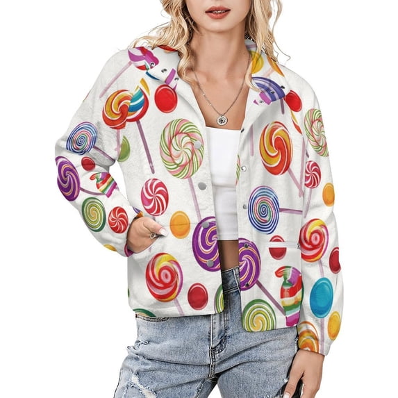 Jackets for Women Winter Coat Jackets Flannel Stand Collar Jacket(Sweets And Rainbow Lollipops Pattern,Size:S-4XL)
