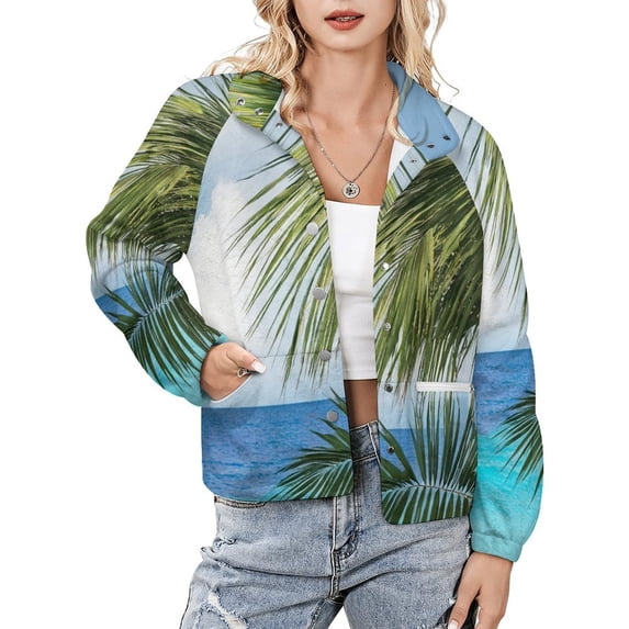 Jackets for Women Winter Coat Jackets Flannel Stand Collar Jacket(Tropical Palm Ocean View,Size:S-4XL)