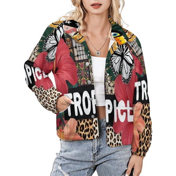 Jackets for Women Winter Coat Jackets Flannel Stand Collar Jacket(Tropical Vibrant Jungle Paradise,Size:S-4XL)