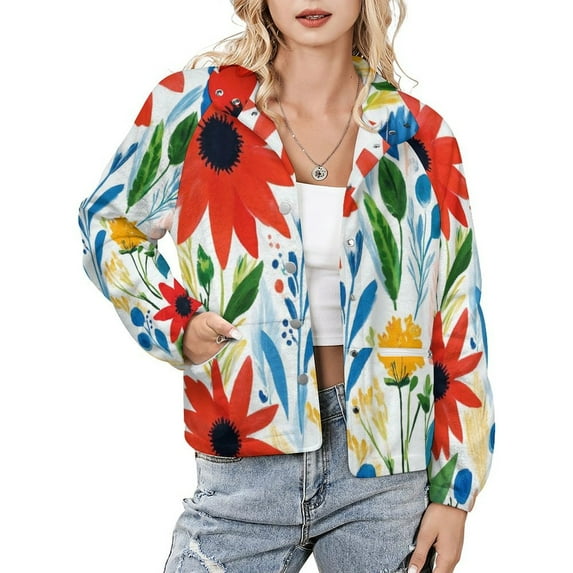 Jackets for Women Winter Coat Jackets Flannel Stand Collar Jacket(Vibrant Floral Summer Painted Design,Size:S-4XL)