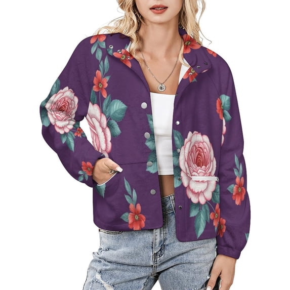 Jackets for Women Winter Coat Jackets Flannel Stand Collar Jacket(Vintage Floral Rose Pattern,Size:S-4XL)