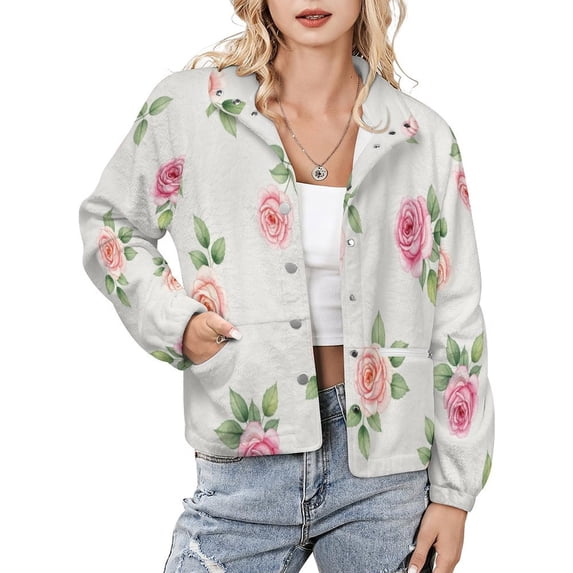 Jackets for Women Winter Coat Jackets Flannel Stand Collar Jacket(Vintage Rose Floral Pattern,Size:S-4XL)