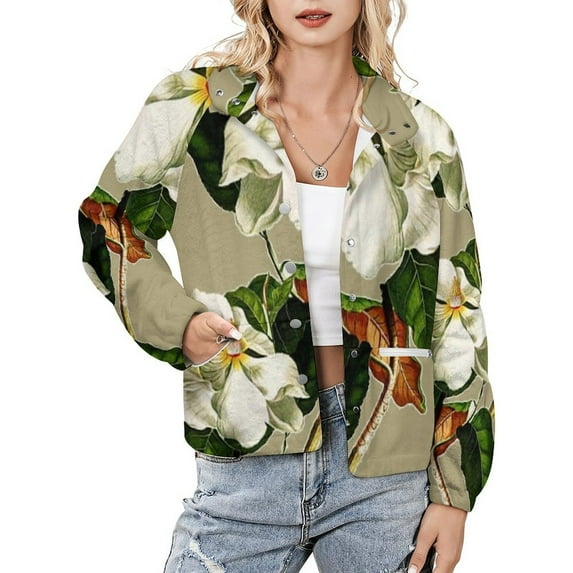 Jackets for Women Winter Coat Jackets Flannel Stand Collar Jacket(Vintage White Magnolia Pattern on Khaki Background,Size:S-4XL)