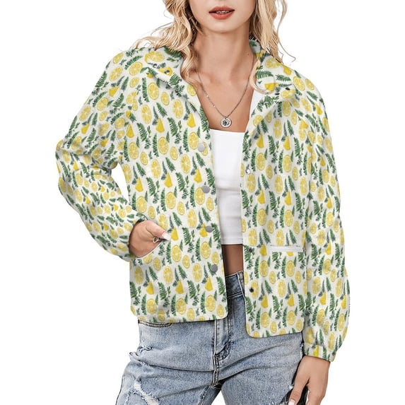 Jackets for Women Winter Coat Jackets Flannel Stand Collar Jacket(Watercolor Fruit Pattern Lemon Summer,Size:S-4XL)