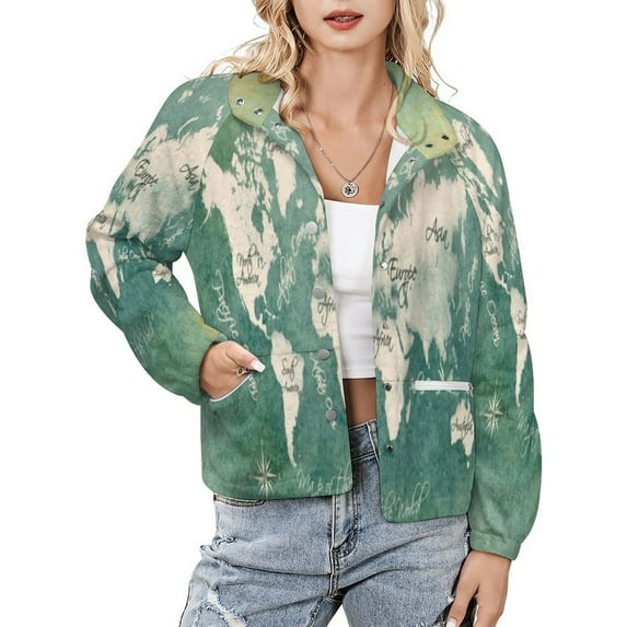 Jackets for Women Winter Coat Jackets Flannel Stand Collar Jacket(World Maps,Size:S-4XL)