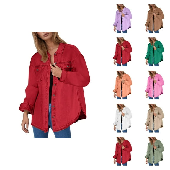 Jackets for Women Winter Jackets for Women Women's Solid Washed Denim Shirt Jacket With Hem Street Style Outerwear
