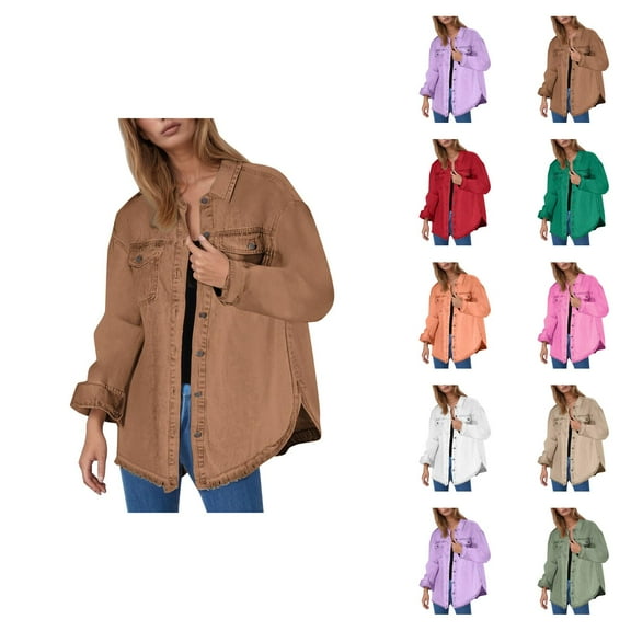 Jackets for Women Winter Jackets for Women Women's Solid Washed Denim Shirt Jacket With Hem Street Style Outerwear
