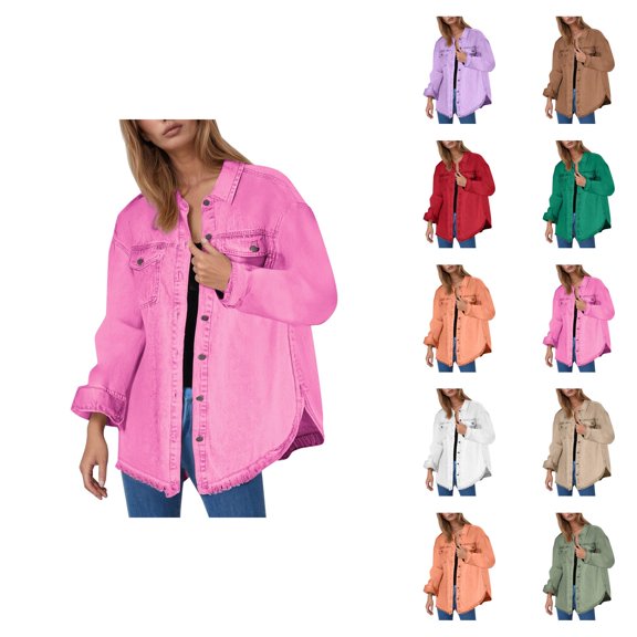 Jackets for Women Winter Jackets for Women Women's Solid Washed Denim Shirt Jacket With Hem Street Style Outerwear
