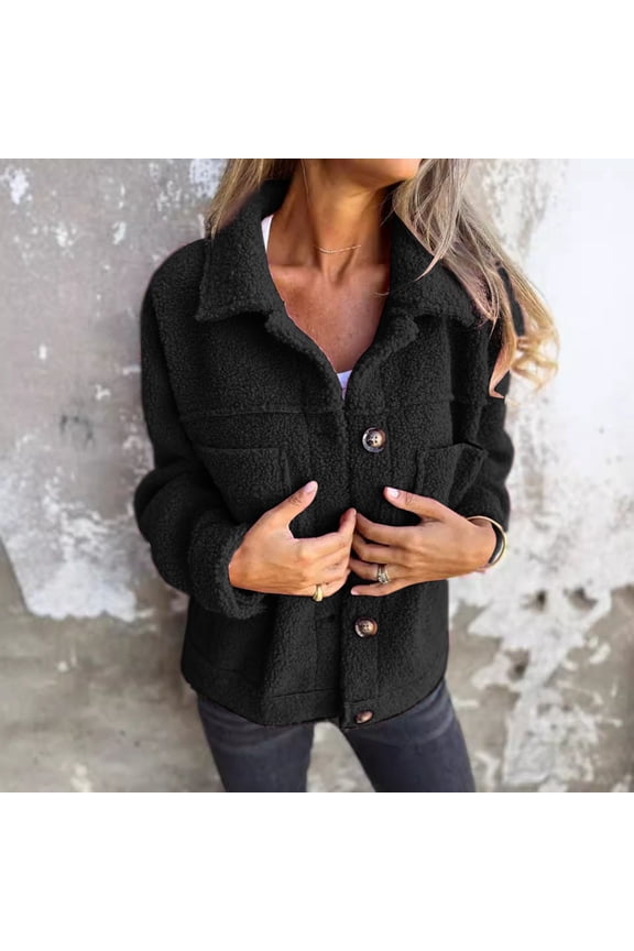 Jackets for Women Winter Warm Fleece Shacket Jacket Button up Crop Jackets (Black M)