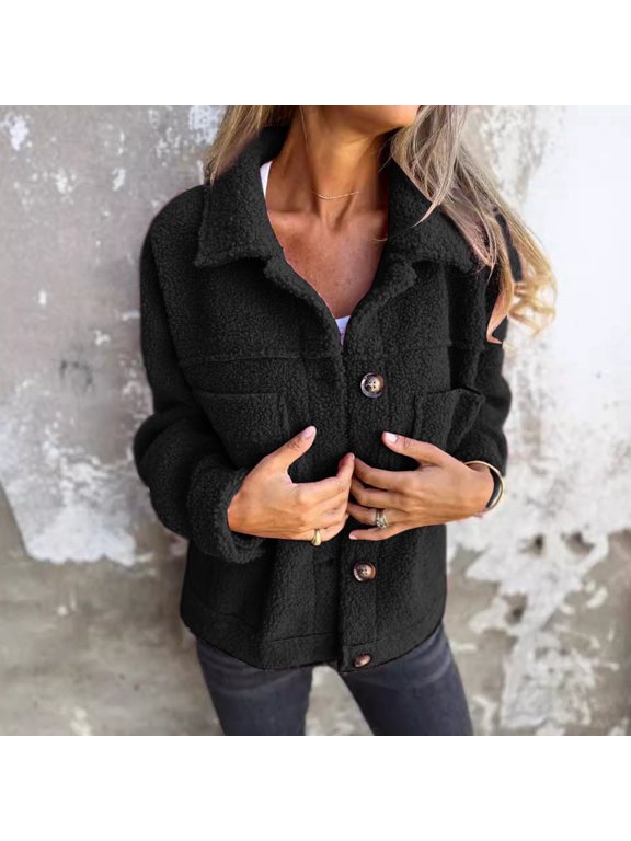 Jackets for Women Winter Warm Shacket Jacket Button up Crop Jackets (Black S)