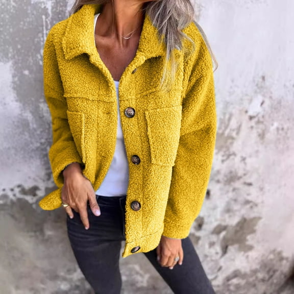 Jackets for Women Winter Warm Shacket Jacket Button up Crop Jackets (Yellow S)