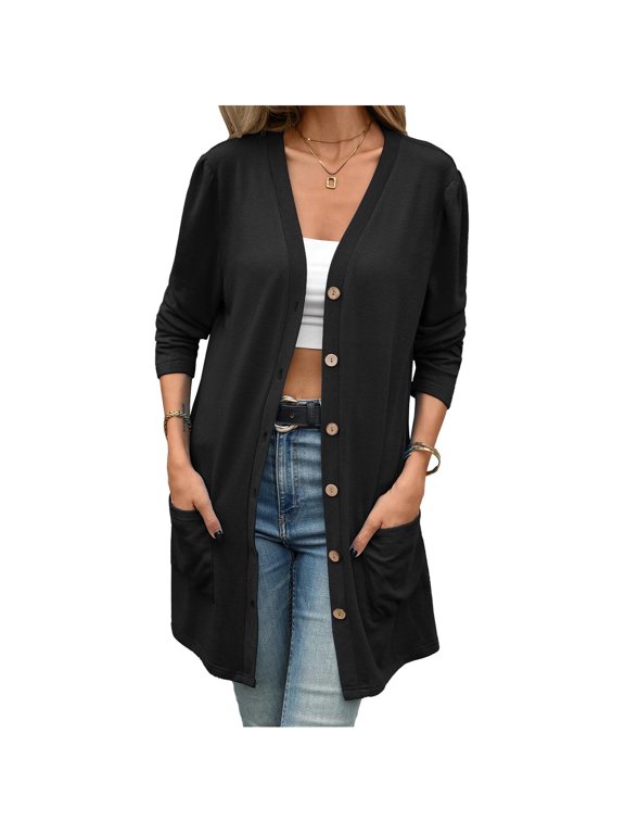 Jackets for Women, Women's Button Down Cardigan Sweater V Neck Long Sleeve Patch Pockets